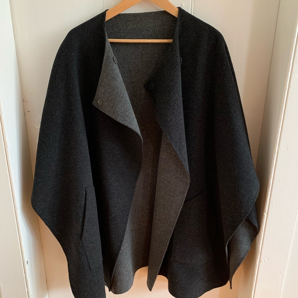 Vince Charcoal Gray + Light Grey Wool Poncho